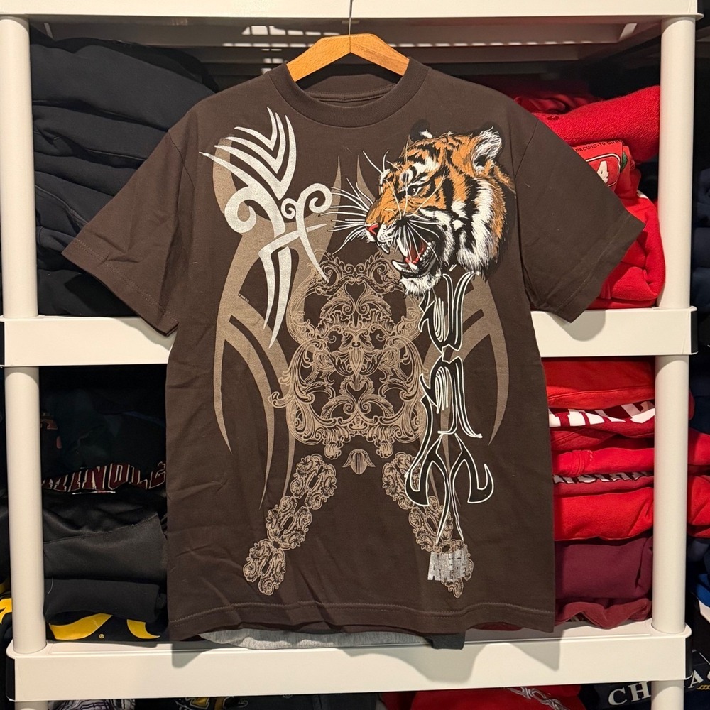 Vintage Animal Planet Tiger Tribal Ed Hardy Style Brown Mens Small Shirt
